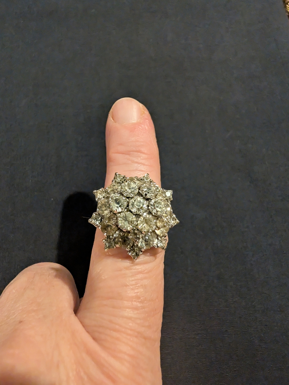 Vintage Sparkling Silver-Tone Cluster Cocktail Ring - Clear Crystal